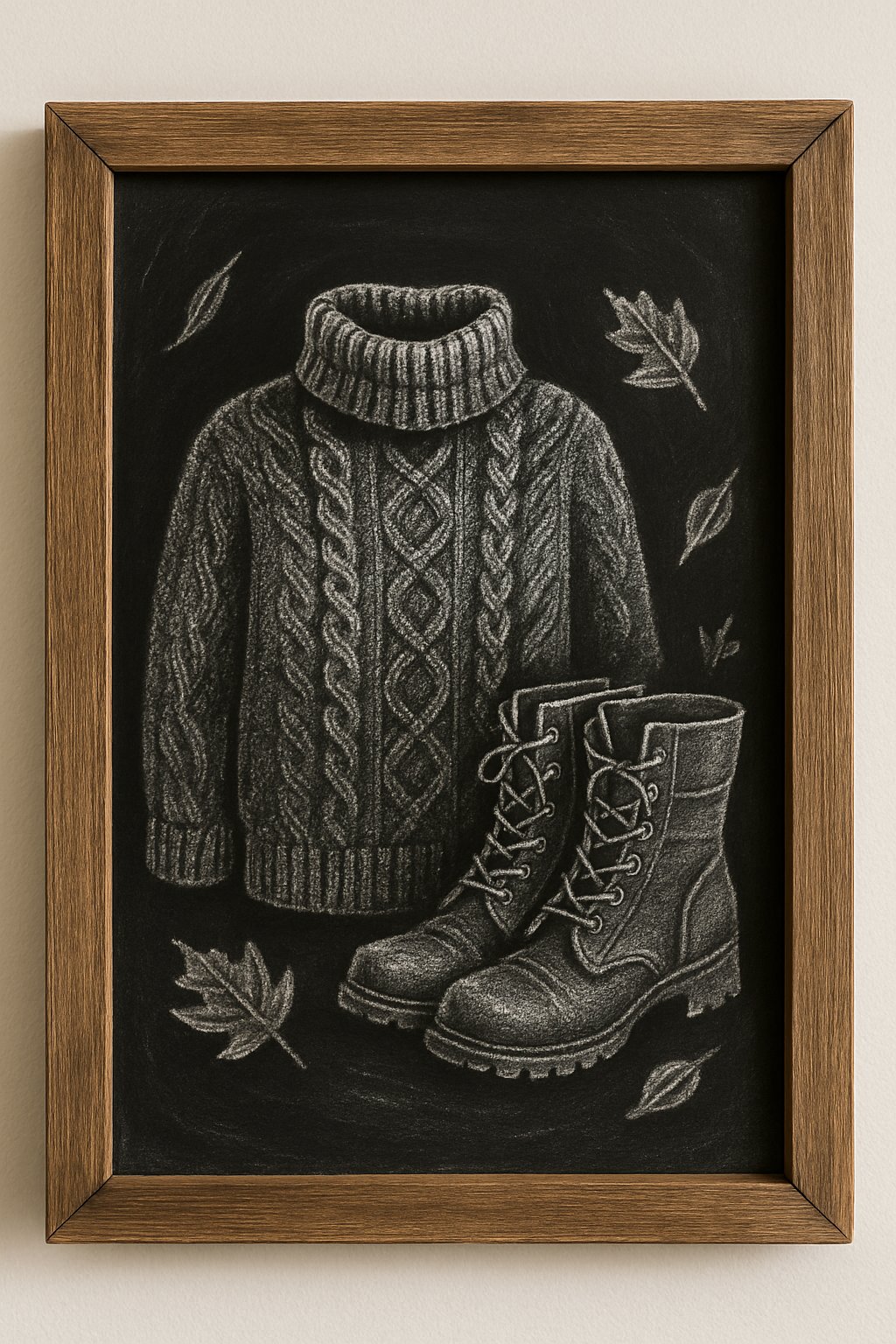 Hand-drawn chalk art of a fall sweater and boots with leaf illustrations scattered around for a cozy seasonal vibe.