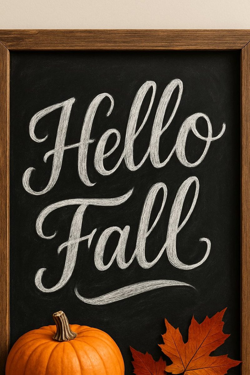 Chalkboard sign with “Hello Fall” in white script and seasonal accents like a pumpkin and fall leaves below.