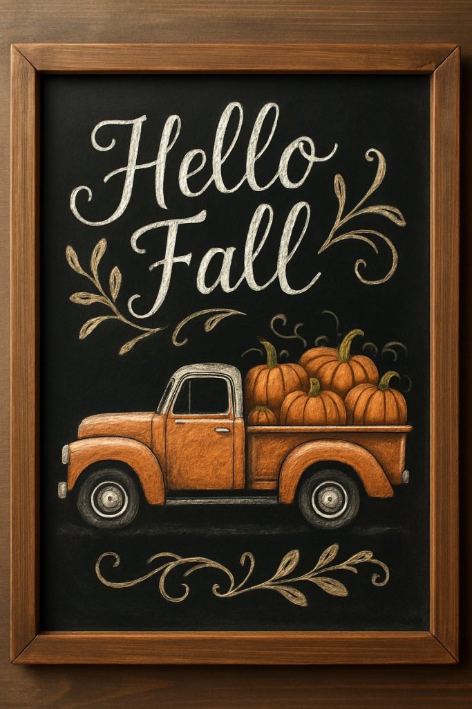 A framed chalkboard drawing of an orange vintage truck filled with pumpkins, with decorative leaves and the words “Hello Fall” written above in large script.