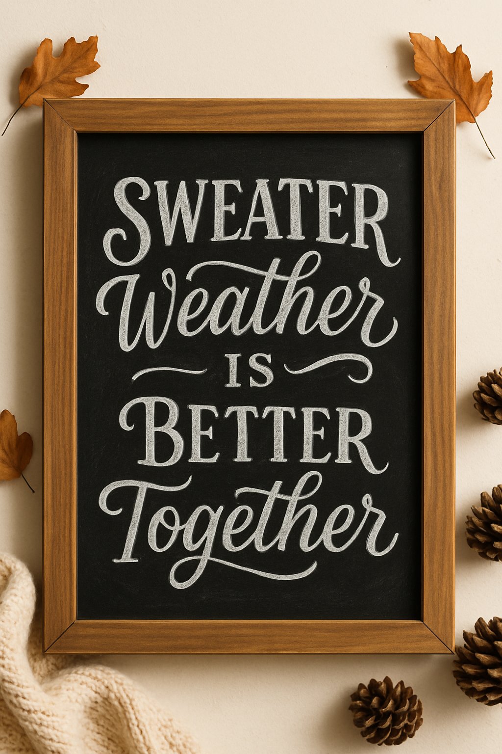 Chalk art saying “Sweater Weather is Better Together” in mixed fonts, with fall leaves, pinecones, and soft textures nearby.