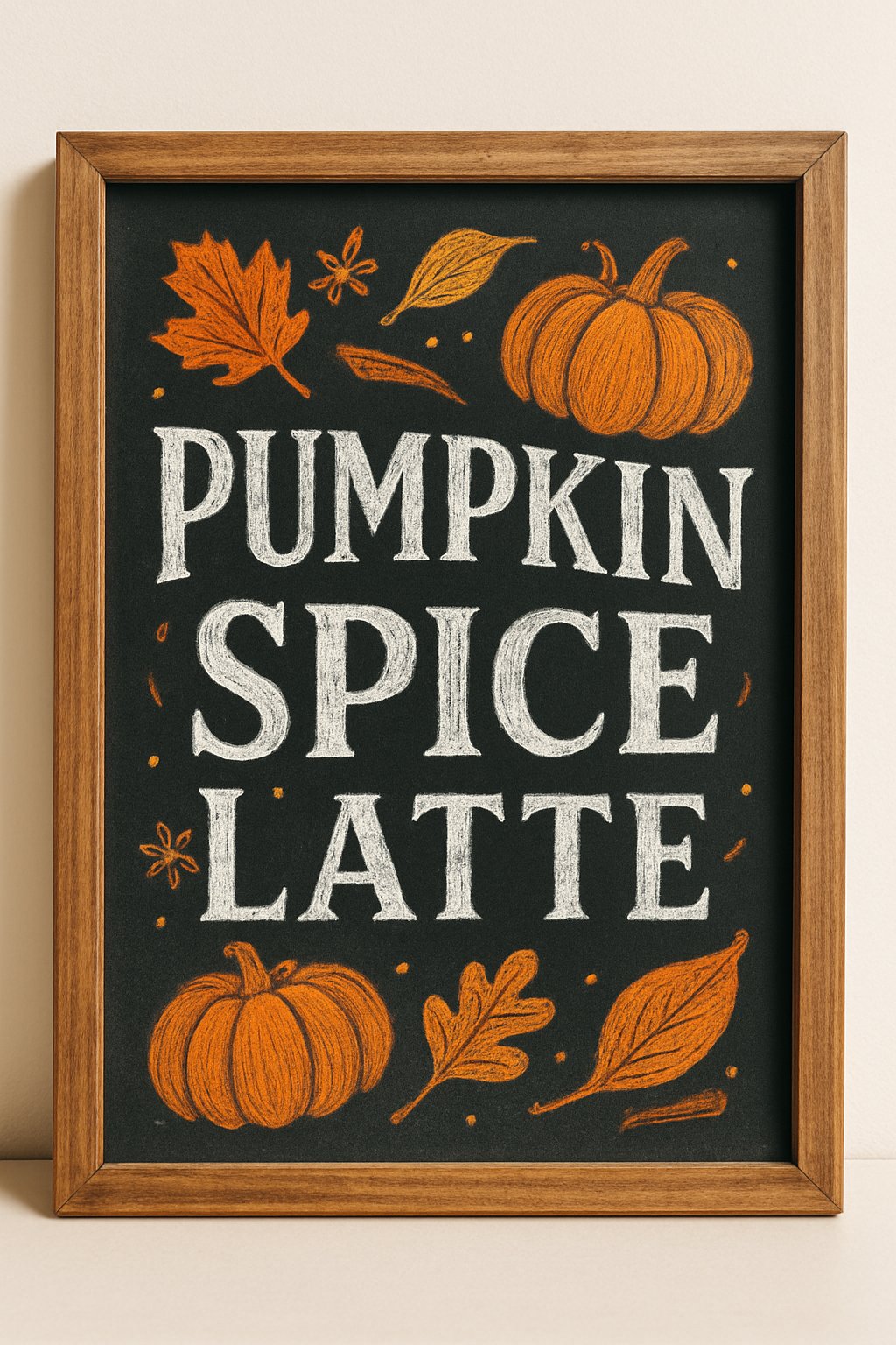 Hand-drawn chalkboard featuring autumn leaves and pumpkins around the words “Pumpkin Spice Latte” in bold white lettering.