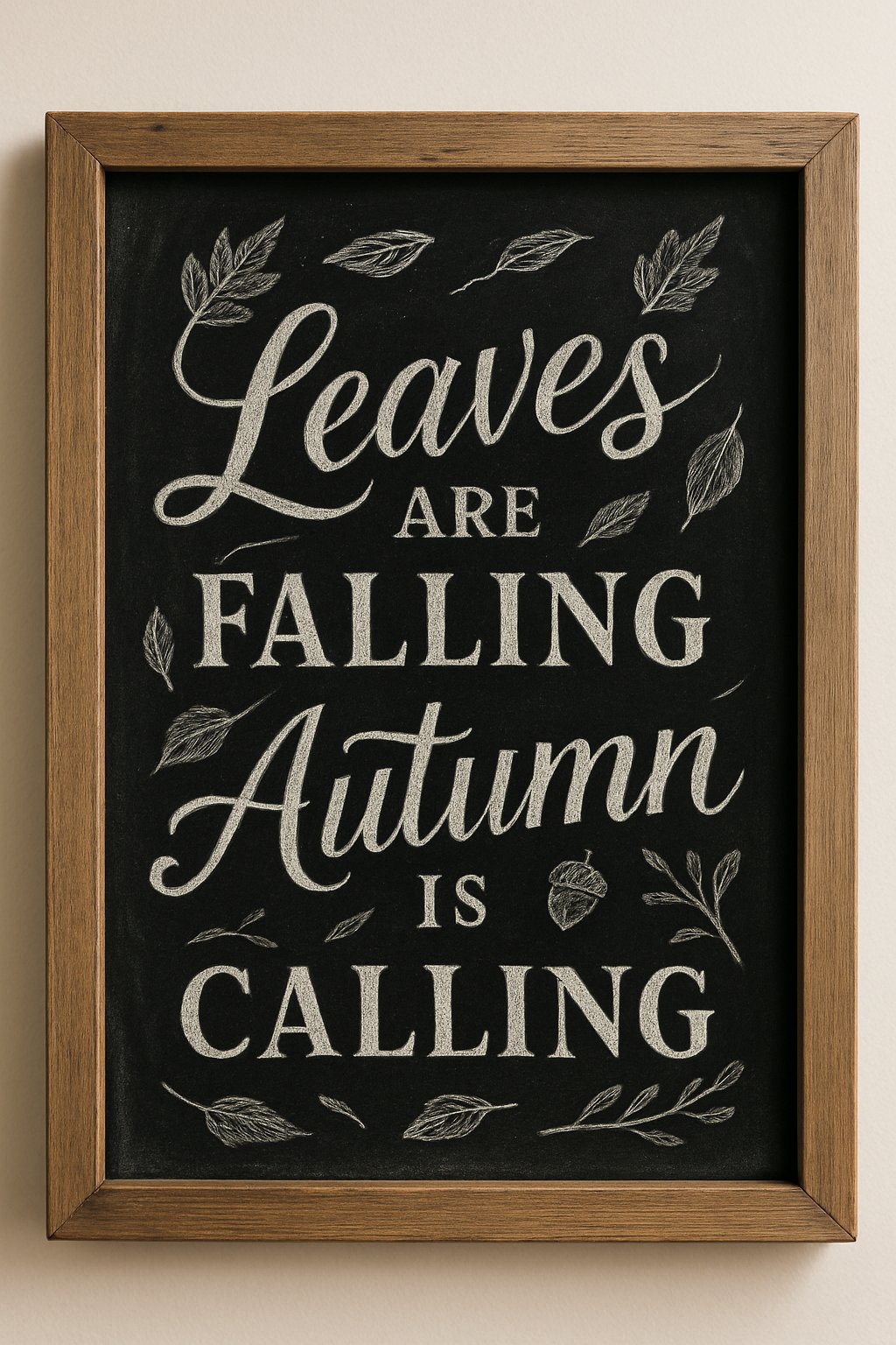 Hand-drawn fall chalkboard art with floating leaves and an acorn, framing a seasonal message in mixed script and serif fonts.