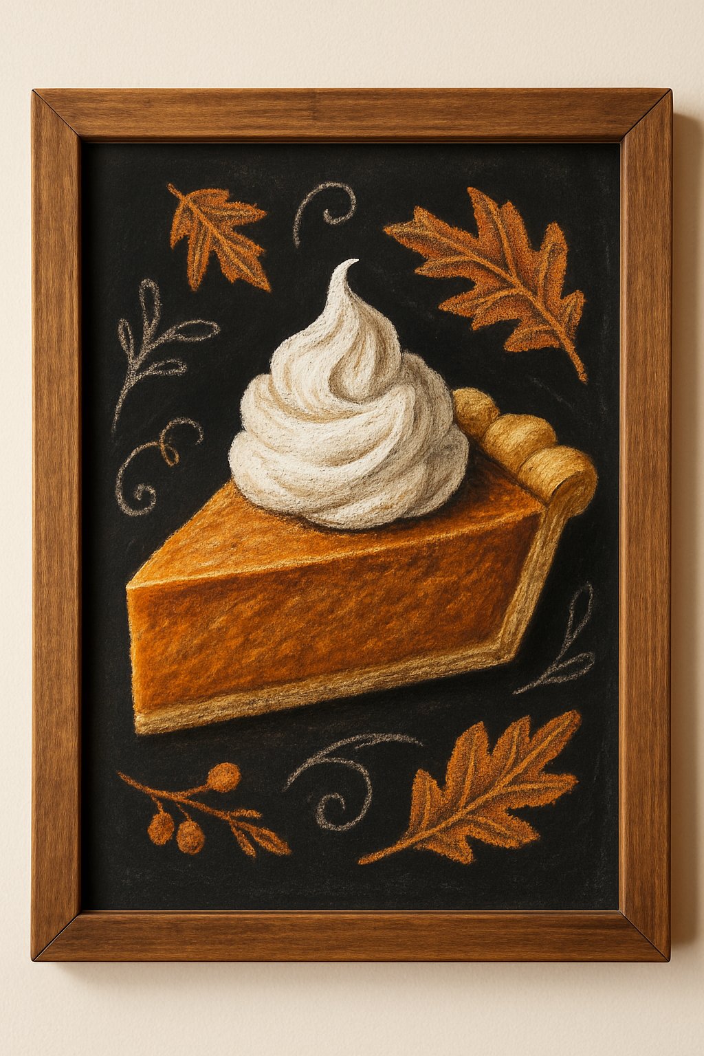 A wood framed chalkboard sign displaying a detailed chalk drawing of a slice of pie with whipped cream, set against a clean background.