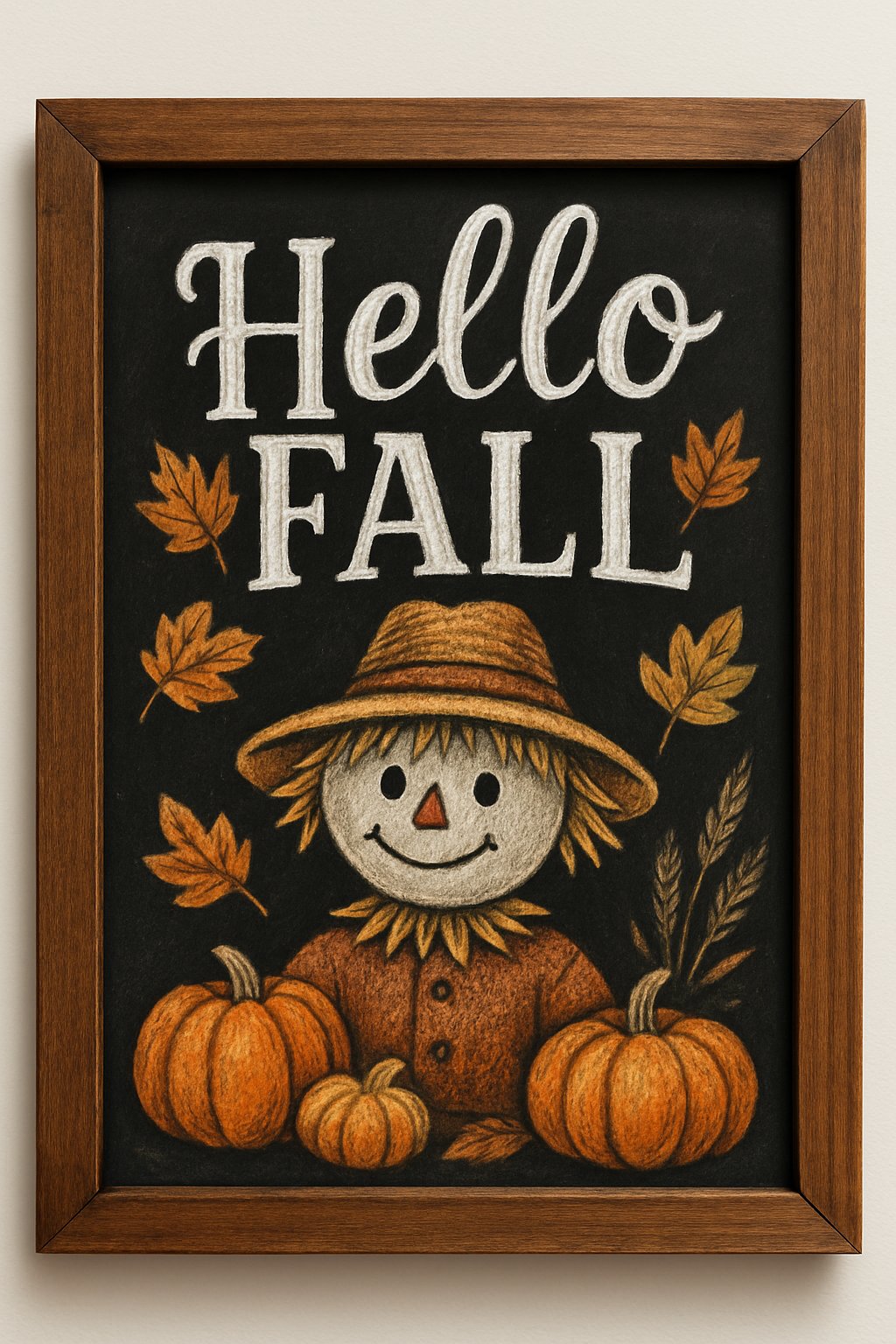 Framed chalkboard art of a fall scarecrow surrounded by pumpkins, leaves, and wheat with “Hello Fall” chalk lettering above.