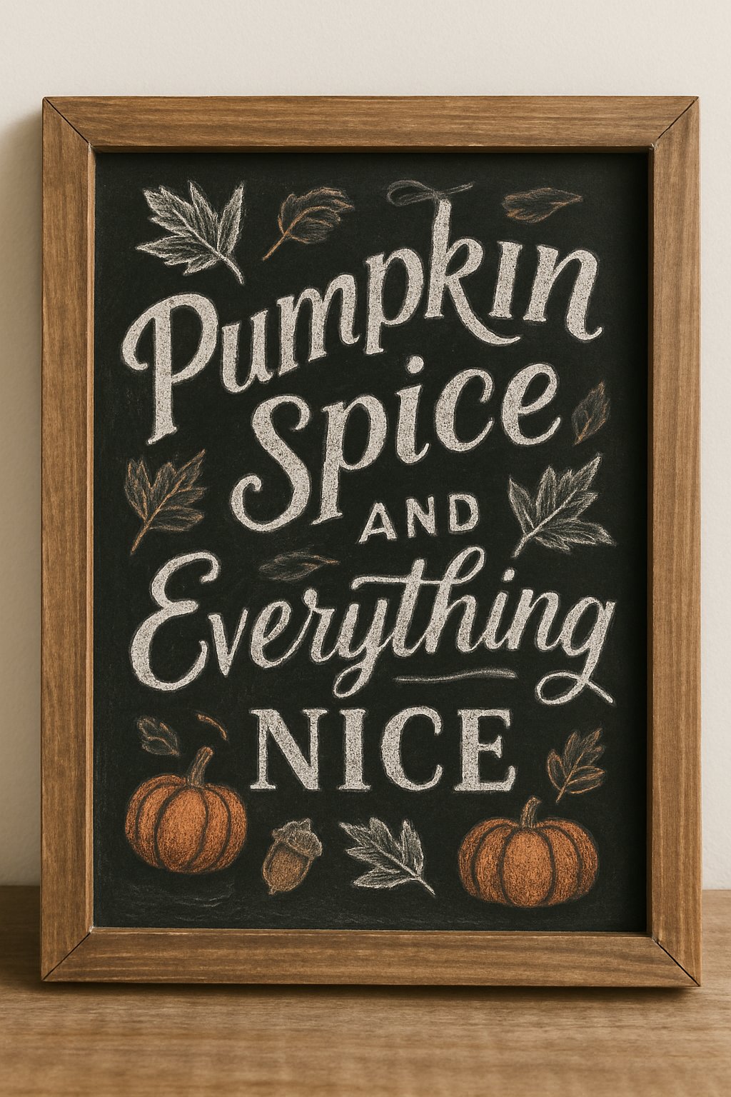 Chalkboard sign with fall-themed hand lettering and autumn illustrations including pumpkins, acorns, and leaves.