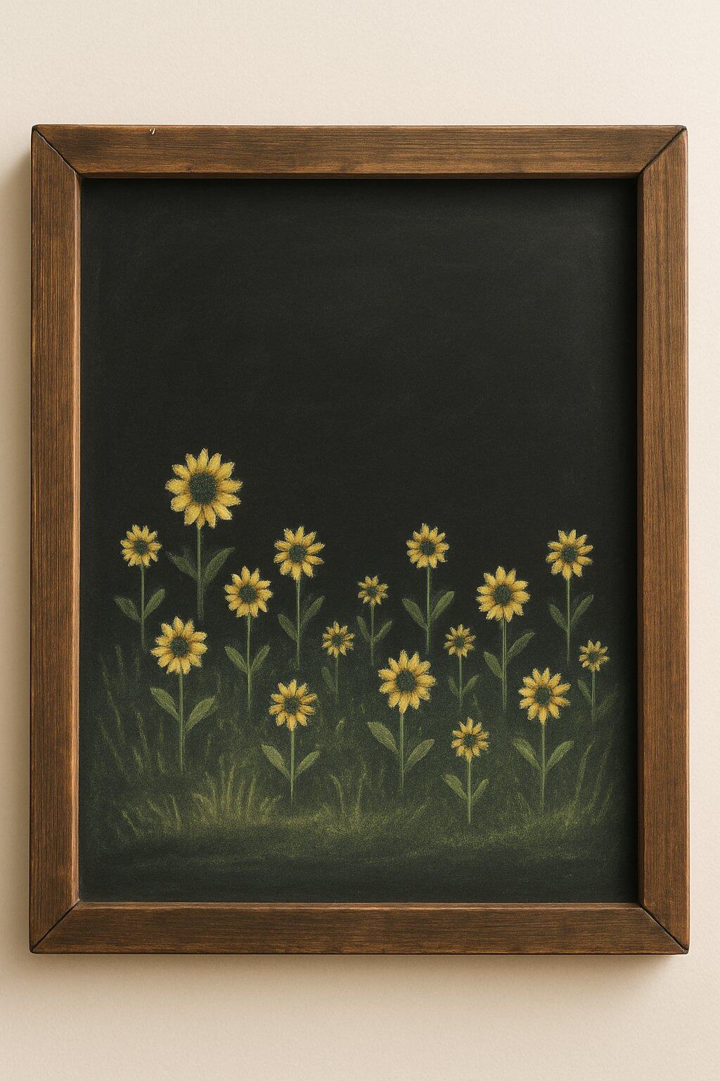A chalkboard sign with a wooden frame depicting a field of small sunflowers and grass.