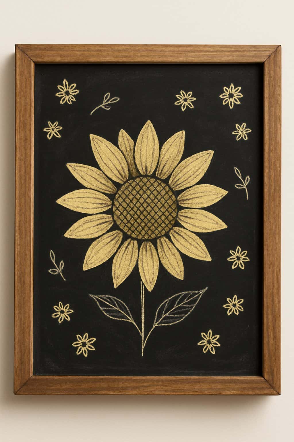 A wood framed chalkboard sign with a large sunflower in the center and small sunflower illustrations surrounding it.