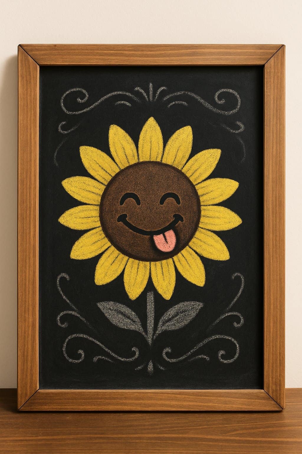 A wood framed chalkboard sign displaying a simple sunflower with a smiling face and tongue sticking out, drawn in chalk.