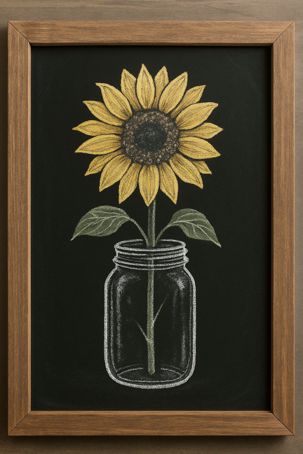 A wood framed chalkboard sign displaying a detailed sketch of a sunflower inside a mason jar.