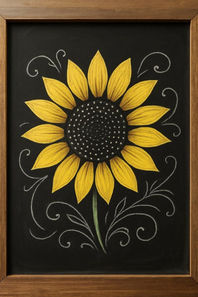 A framed chalkboard drawing of a sunflower with yellow petals, a dark round center dotted with white, a green stem, and decorative white swirl designs on a black background.
