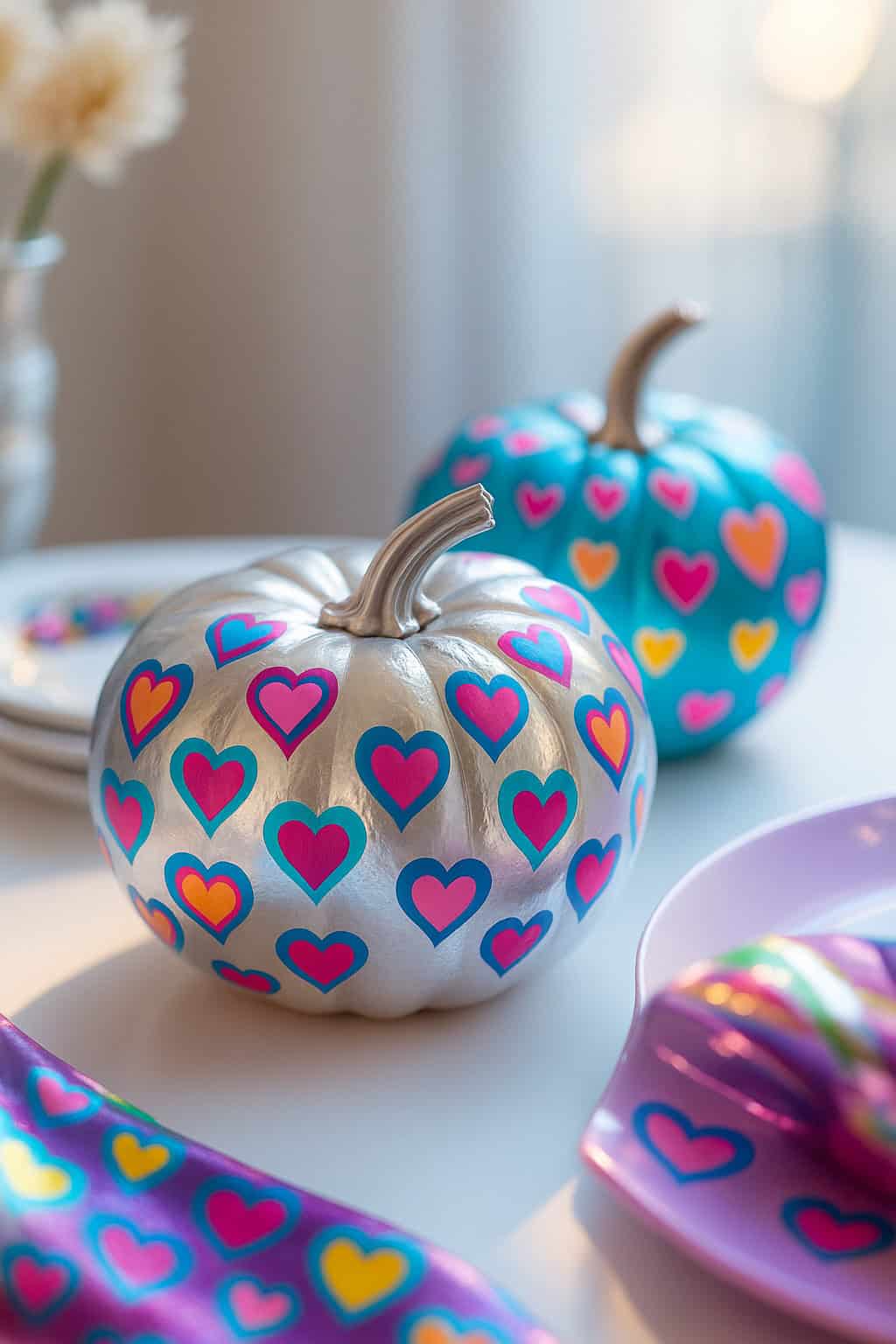 Two decorative pumpkins, one silver and one teal, sit on a table. Both are covered with colorful heart patterns in pink, yellow, and blue. Plates, napkins, and a blurred flower vase are also visible in the background.