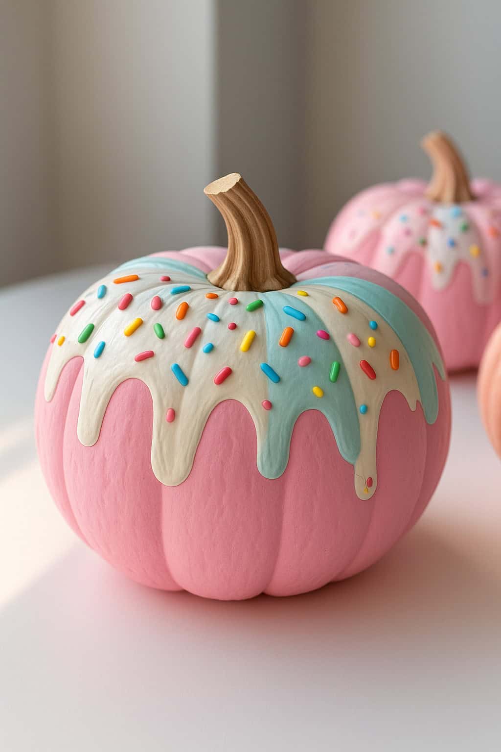 A pink pumpkin decorated to look like a frosted donut, with blue and white icing drips and colorful sprinkles on top, sitting on a white surface.