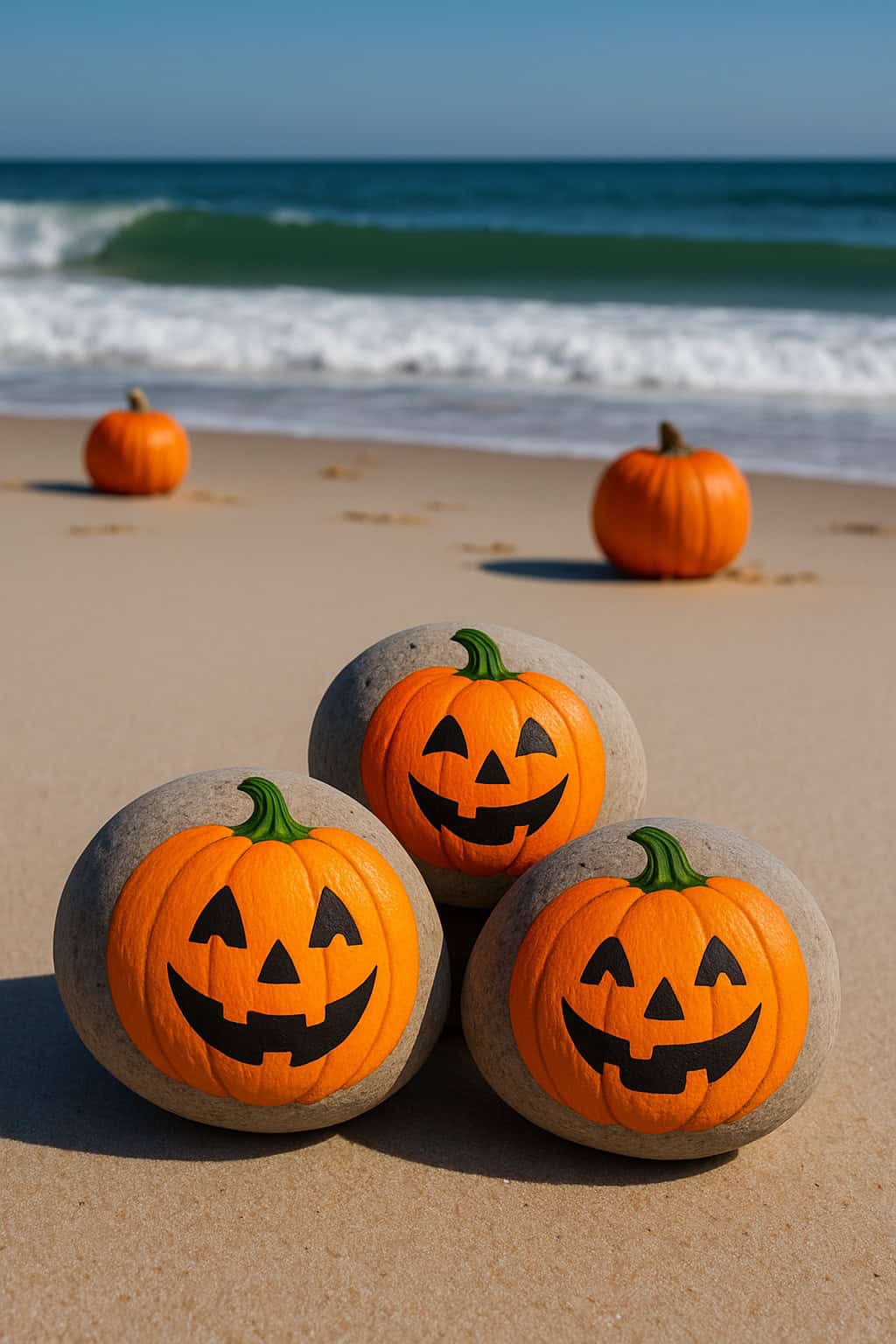 Three stones painted as jack-o'-lanterns sit on sandy beach near ocean waves, with two real pumpkins in the background and footprints in the sand.