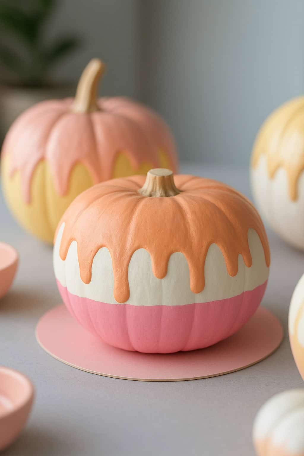 A pumpkin painted with pastel pink on the bottom half and cream on the top, featuring an orange drip design. Other similarly decorated pumpkins are in the background, creating a colorful, festive display.