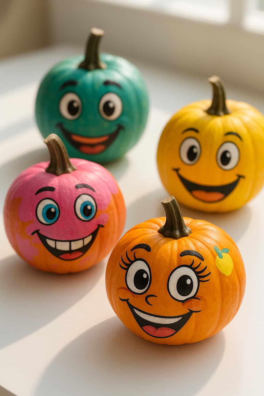 Four pumpkins with colorful painted faces—one teal, one pink, and two orange—sit on a white surface, each featuring big eyes, smiling mouths, and cheerful, cartoon-like expressions.