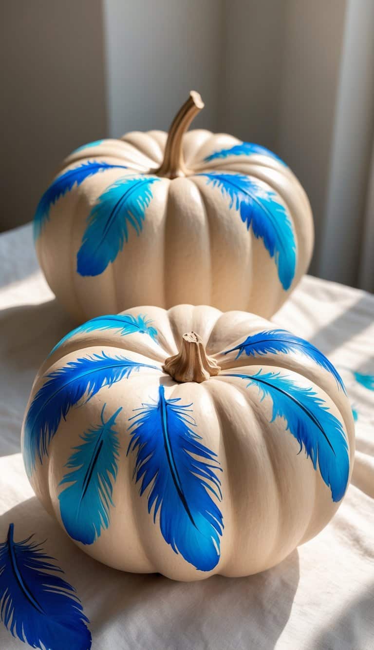 Two white pumpkins are decorated with vibrant blue feather designs painted on their surfaces, resting on a light-colored cloth in natural sunlight.
