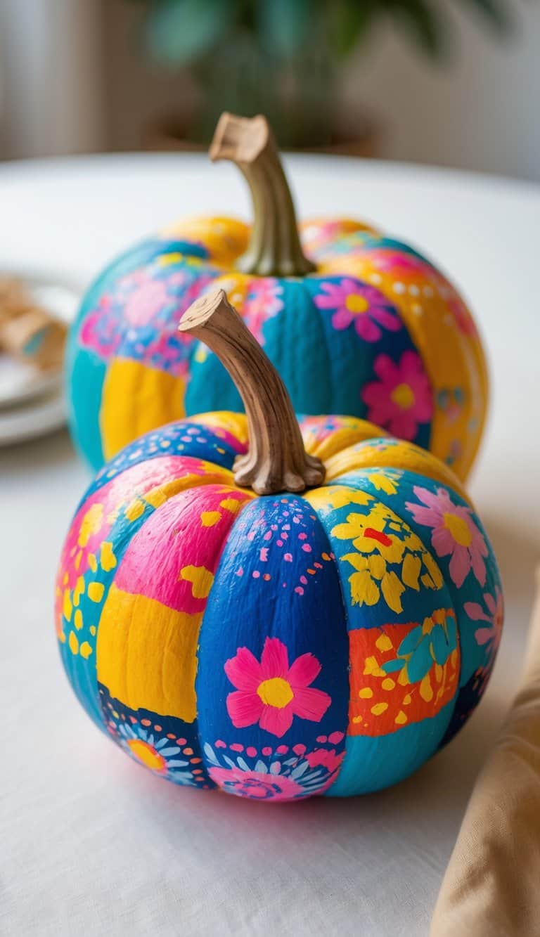 Two pumpkins are painted with colorful, patchwork-style designs featuring bright blue, yellow, pink, and orange sections with various floral and geometric patterns, set on a light-colored surface.