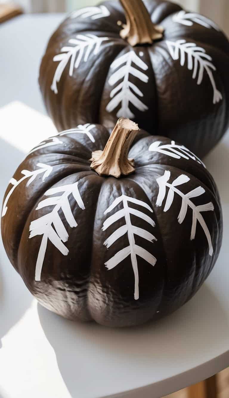 Two dark brown pumpkins with white geometric leaf patterns painted on them sit on a white surface, with sunlight illuminating part of the scene.
