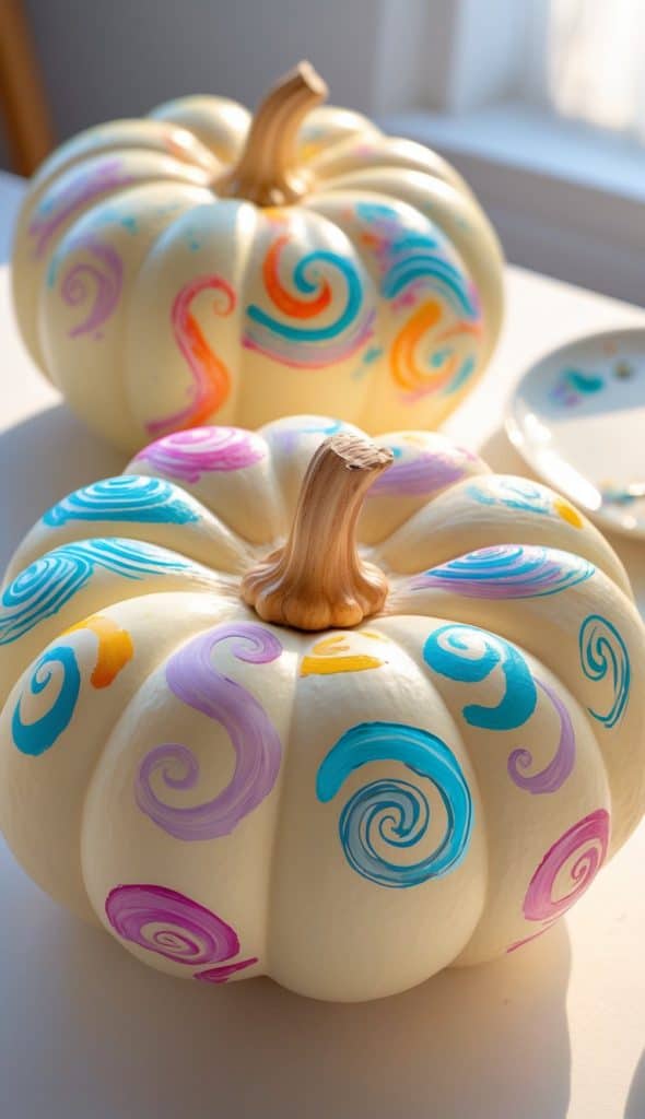 Two white pumpkins decorated with colorful swirls in blue, purple, pink, and orange, sitting on a light surface near a sunlit window.