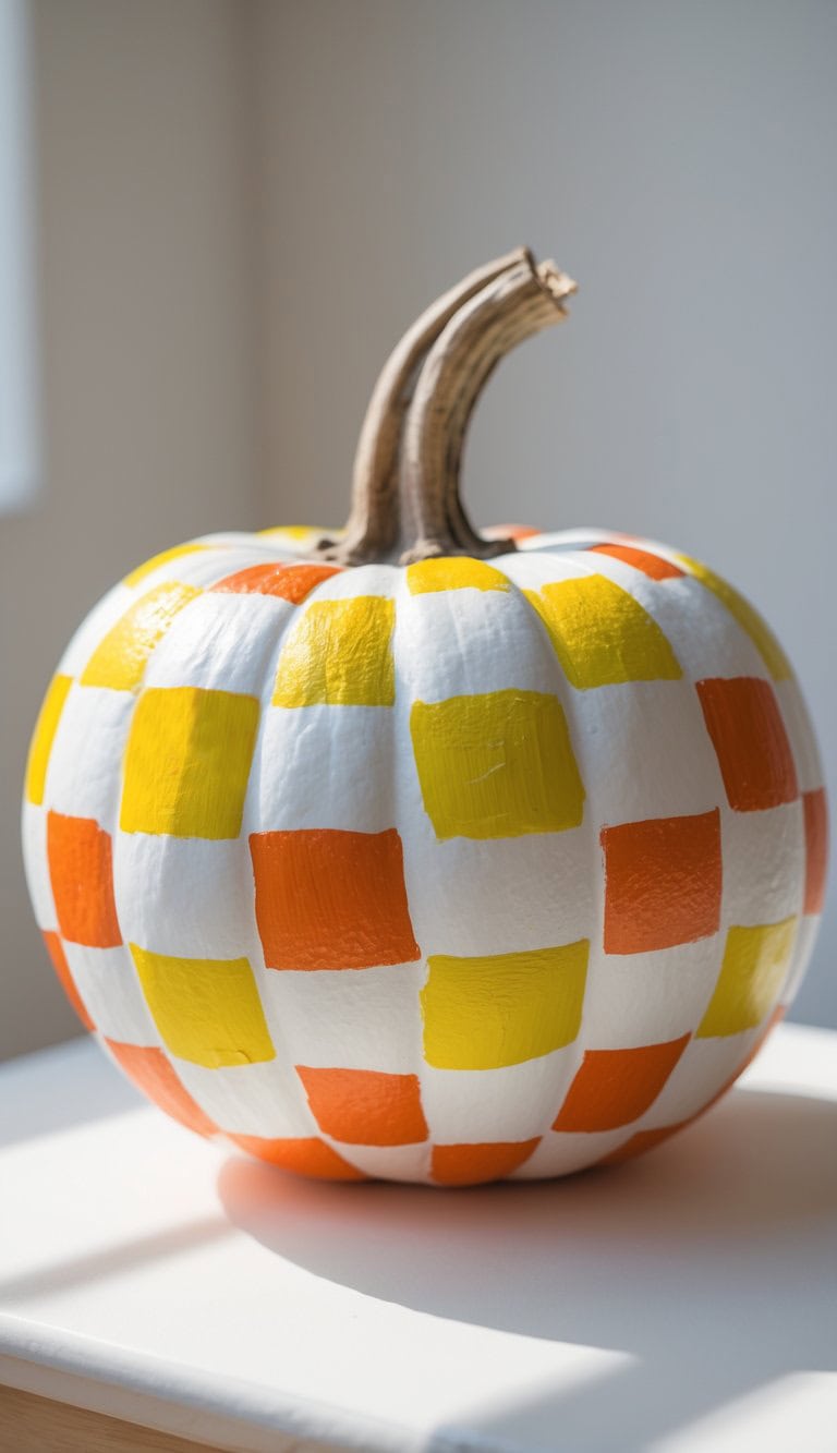 A pumpkin painted with a checkerboard pattern in white, yellow, and orange squares sits on a white surface in bright natural light.