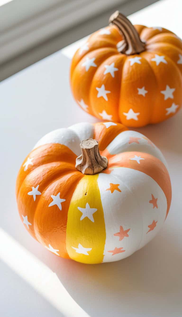 Two pumpkins are decorated with white and orange paint and covered in star patterns. One pumpkin has vertical orange, white, and yellow stripes, while the other is orange with white stars scattered across its surface.