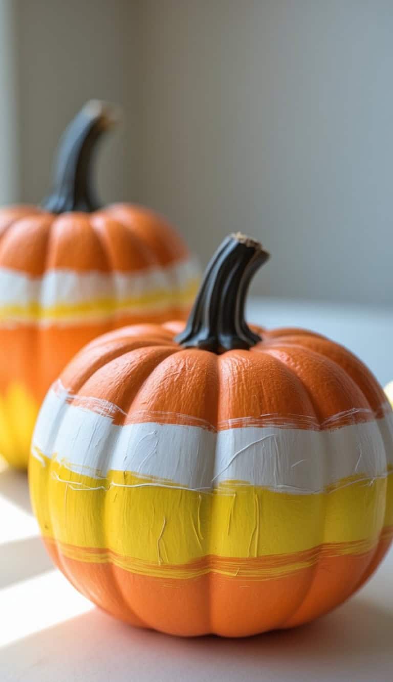Two pumpkins are painted with horizontal stripes in orange, white, and yellow, resembling candy corn. They are placed on a white surface in natural light.