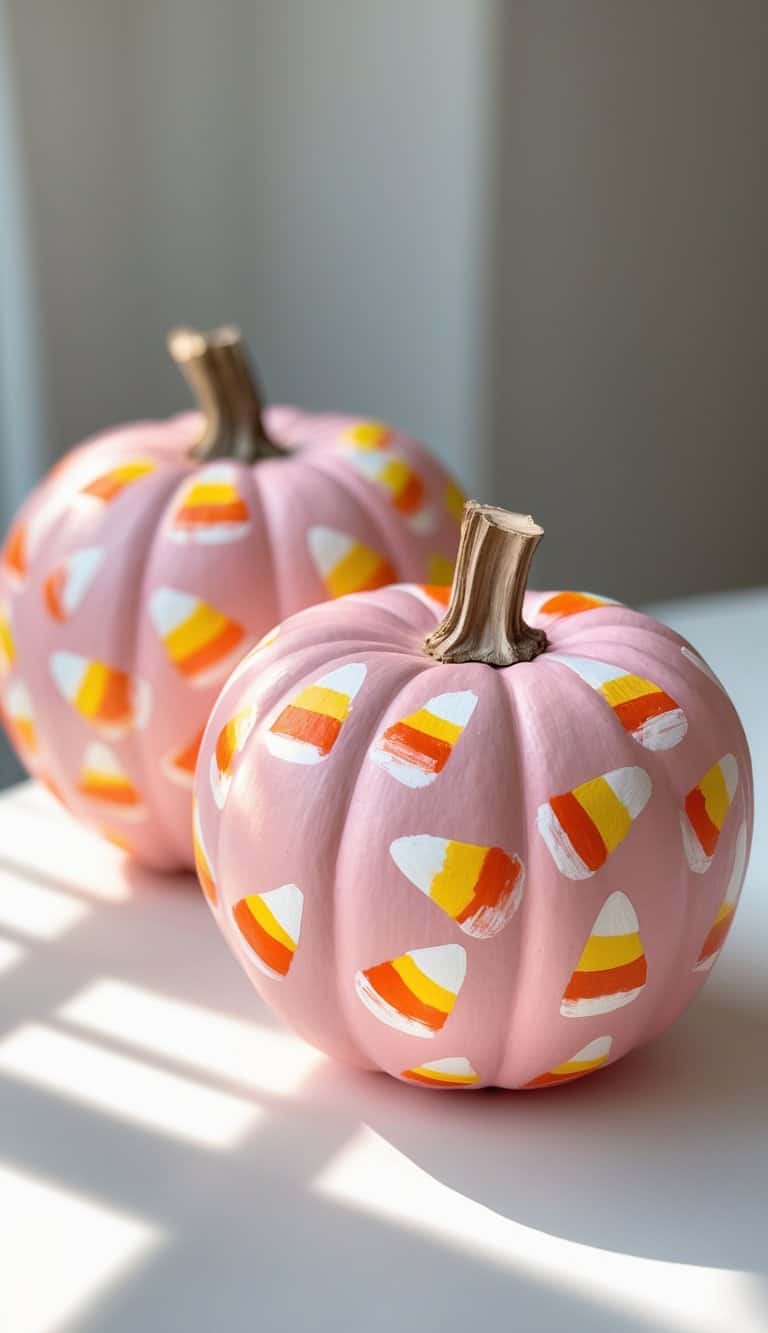 Two pink pumpkins decorated with painted candy corn designs in white, yellow, and orange sit on a white surface in natural sunlight.