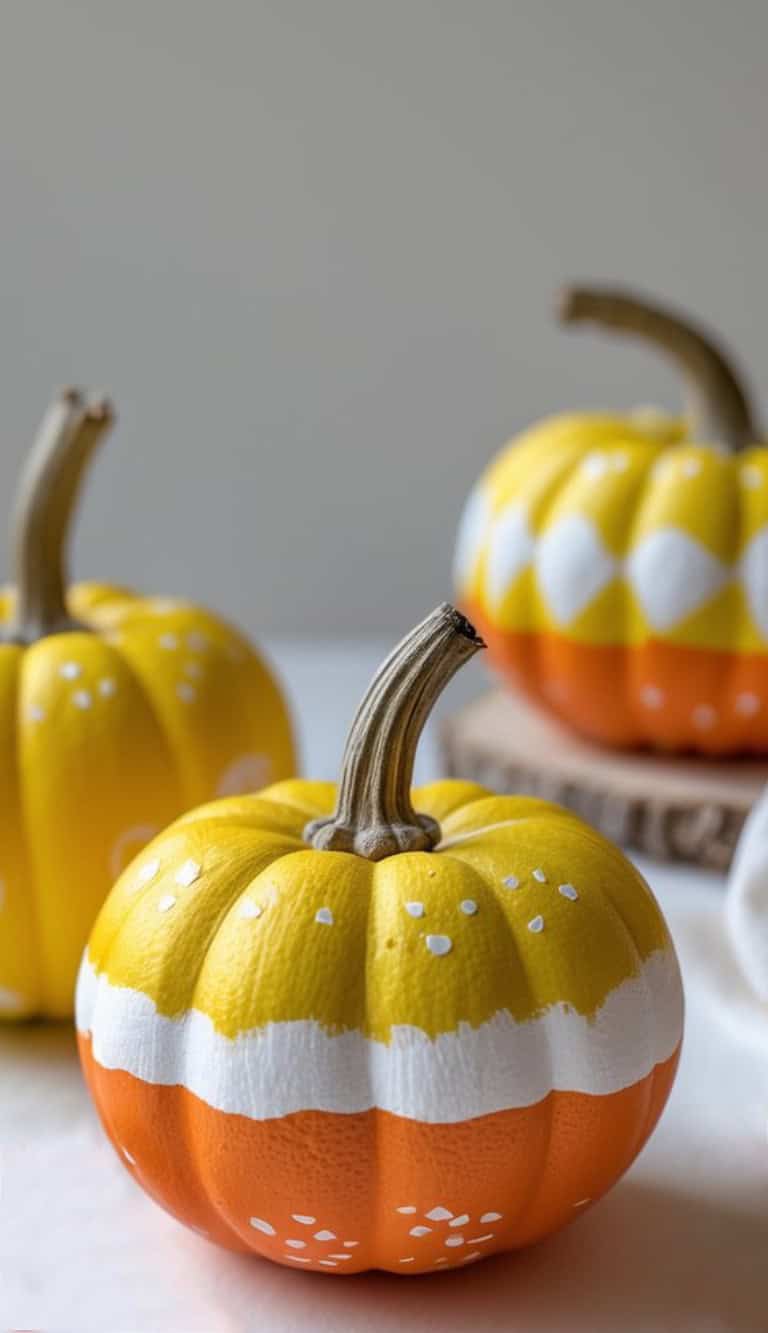 Three small pumpkins are painted in bands of yellow, white, and orange, resembling candy corn, with white dots for decoration. They are arranged on a light surface with a neutral background.
