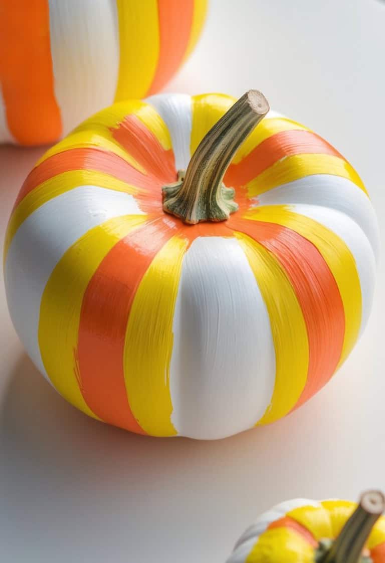 A pumpkin painted with alternating vertical stripes of white, yellow, and orange, resembling the colors of candy corn, sits on a white surface with parts of similarly painted pumpkins nearby.