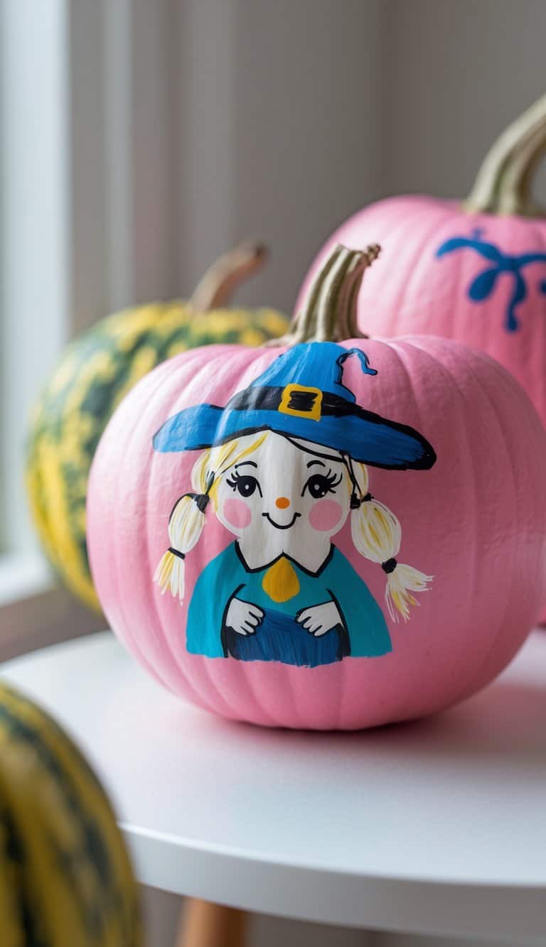 A pink pumpkin painted with a cute cartoon witch face, wearing a blue hat and blue outfit with blonde pigtails. The pumpkin is sitting on a white surface with other pumpkins in the background.