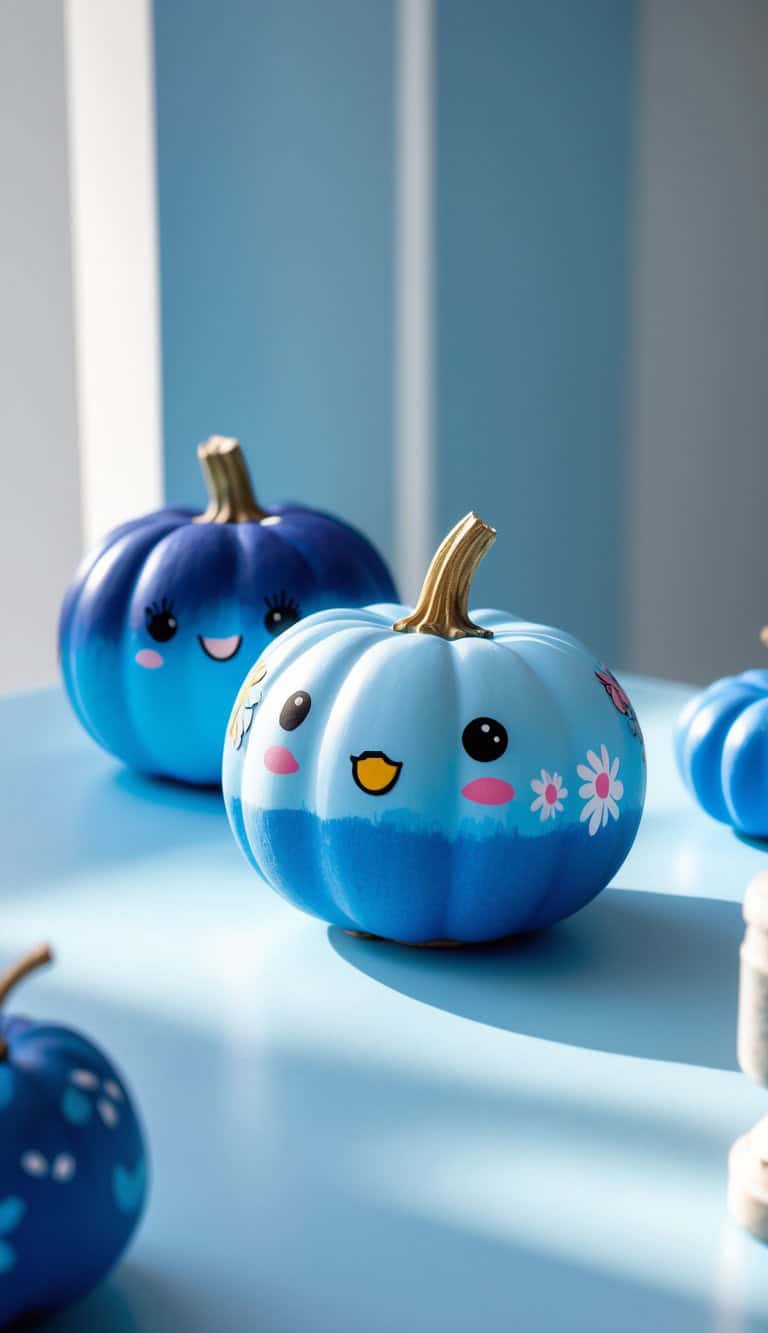 Two blue pumpkins decorated with cute cartoon faces and flower designs are displayed on a light blue surface, with sunlight casting soft shadows.