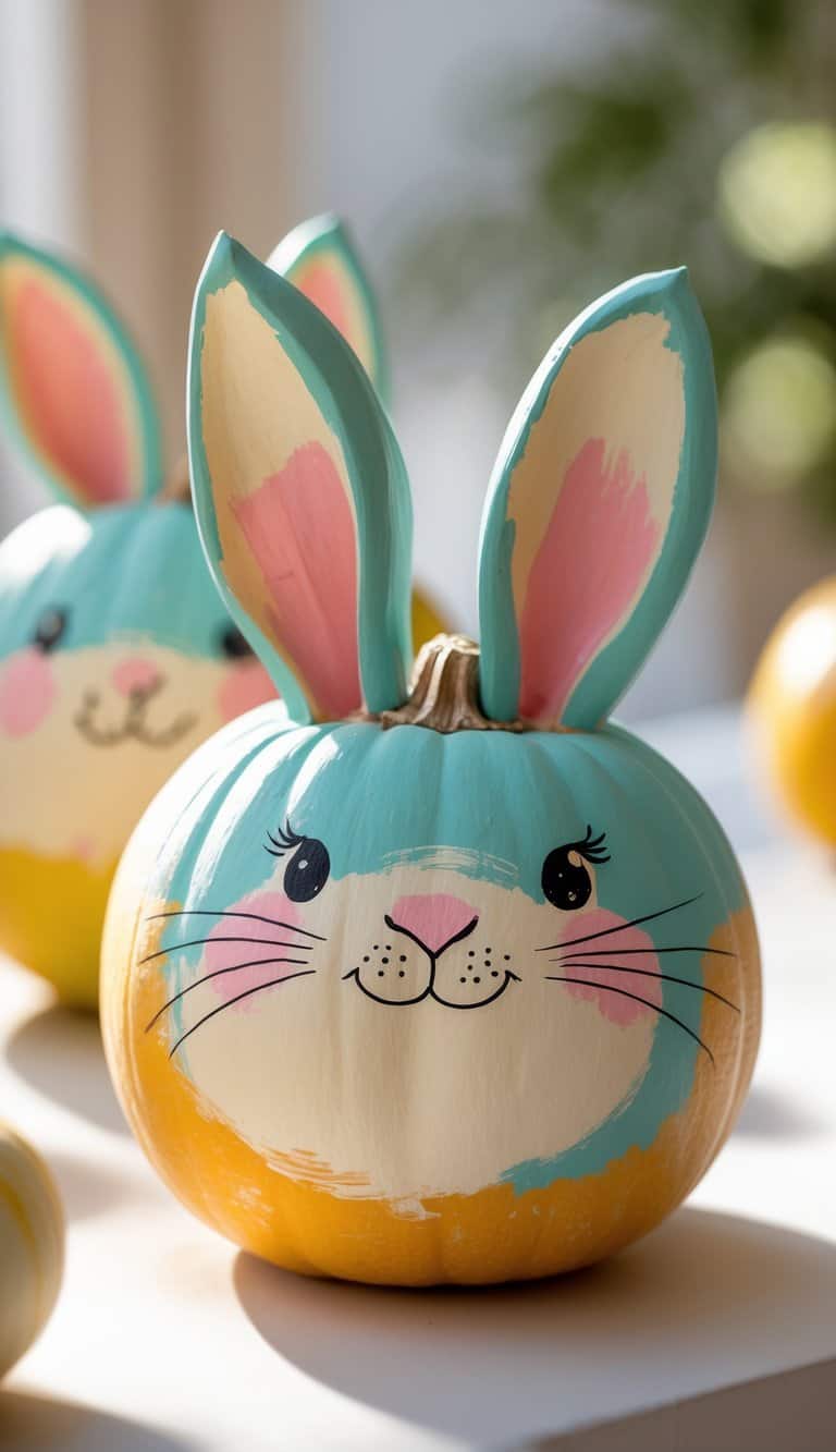 A pumpkin painted to look like a bunny, with blue and cream colors, large upright ears, pink cheeks, and a smiling face. Other similar bunny-painted pumpkins are in the background.