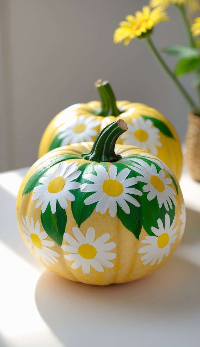 Two yellow pumpkins are decorated with large, hand-painted white daisies and green leaves. In the background, a vase with similar yellow and white flowers is visible. The scene is brightly lit by natural sunlight.