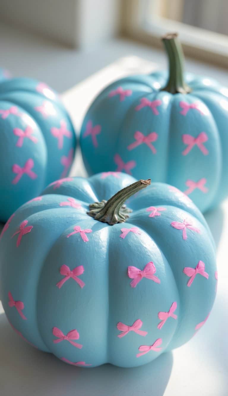 Three light blue pumpkins decorated with small, pink bows are arranged on a white surface in natural sunlight.