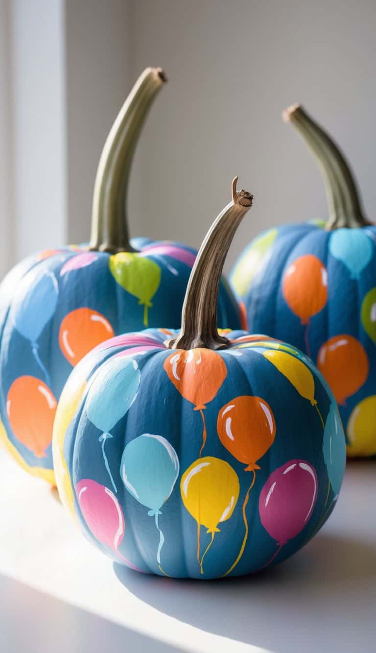 Three blue-painted pumpkins decorated with colorful balloon designs are arranged on a white surface, with sunlight streaming in from a window, creating a cheerful and festive display.