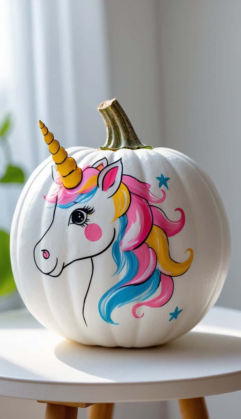 A white pumpkin painted with a colorful unicorn face, featuring a gold horn, pink and blue mane, and blue stars, sits on a white table in a bright room.