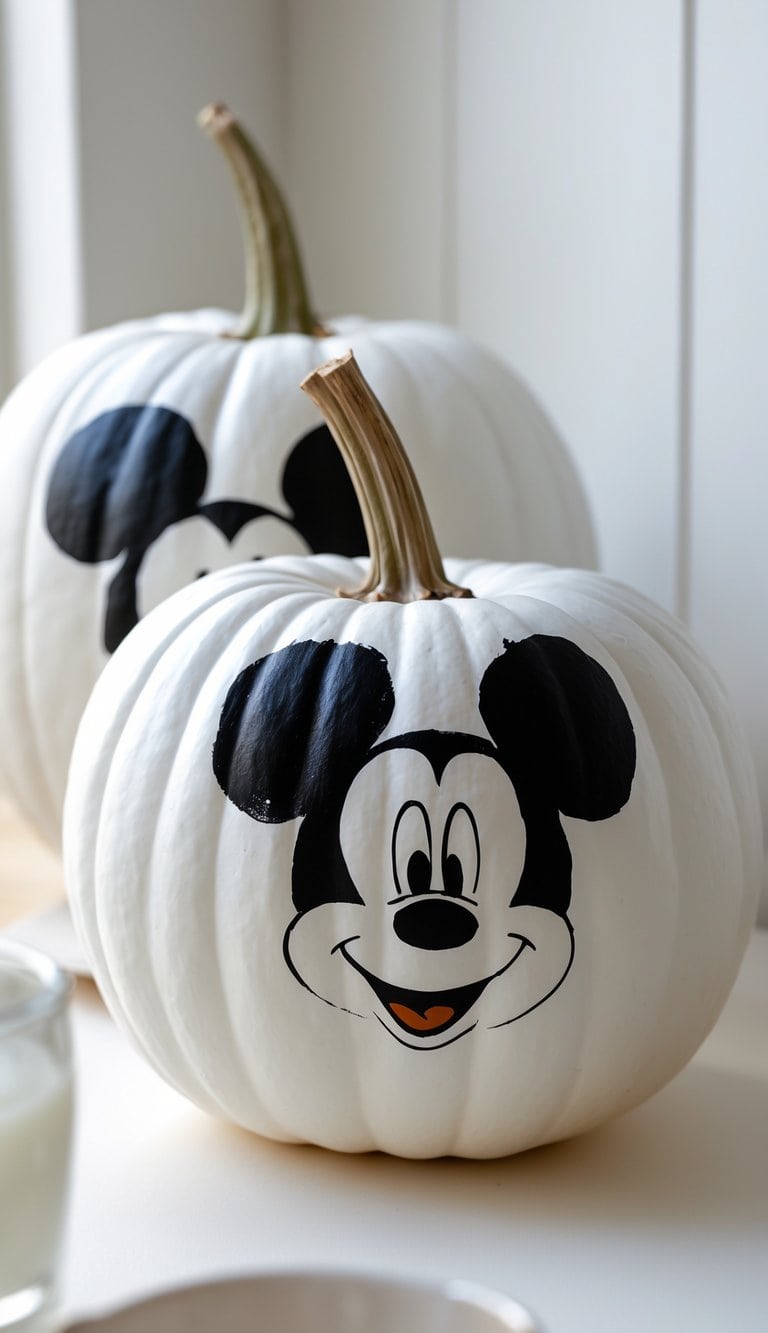 Two white pumpkins are decorated with black and white painted faces resembling a classic cartoon mouse with large round ears and a smiling expression. The pumpkins are placed on a white surface by a window.