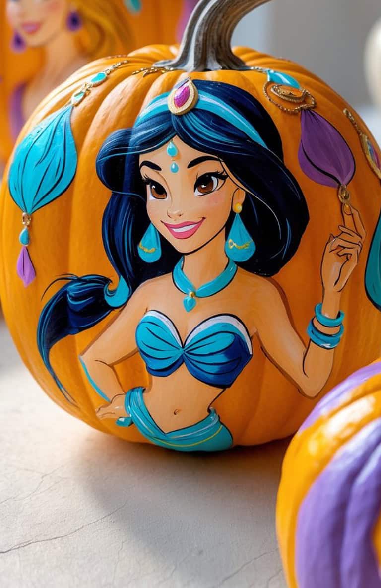 A pumpkin decorated with a vibrant, hand-painted image of Princess Jasmine from Disney's Aladdin, featuring her turquoise outfit, jewelry, and flowing dark hair, with blue and purple accents on the pumpkin.