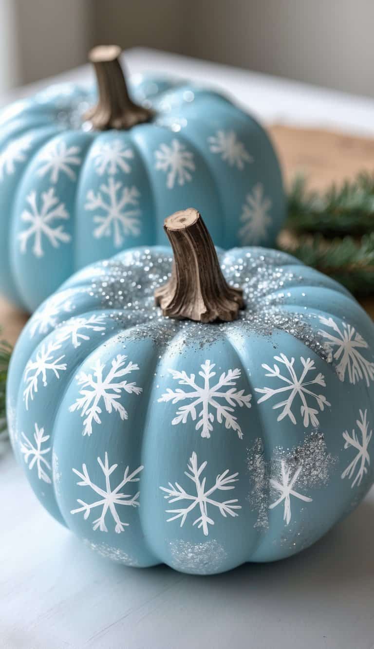 Two light blue pumpkins decorated with white snowflake designs and sparkly glitter sit on a white surface, with green pine branches in the background.