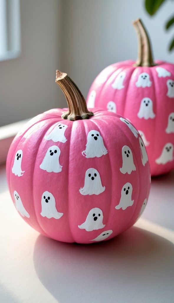 Two pink pumpkins decorated with cute white ghost illustrations are sitting on a light surface in natural sunlight. The background is softly blurred, emphasizing the playful, Halloween-themed pumpkins.