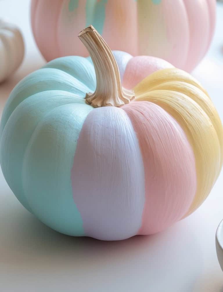A pumpkin painted in pastel shades of blue, pink, yellow, and lavender sits on a light surface. Its sections are evenly coated with soft, blended colors, creating a whimsical and decorative appearance.