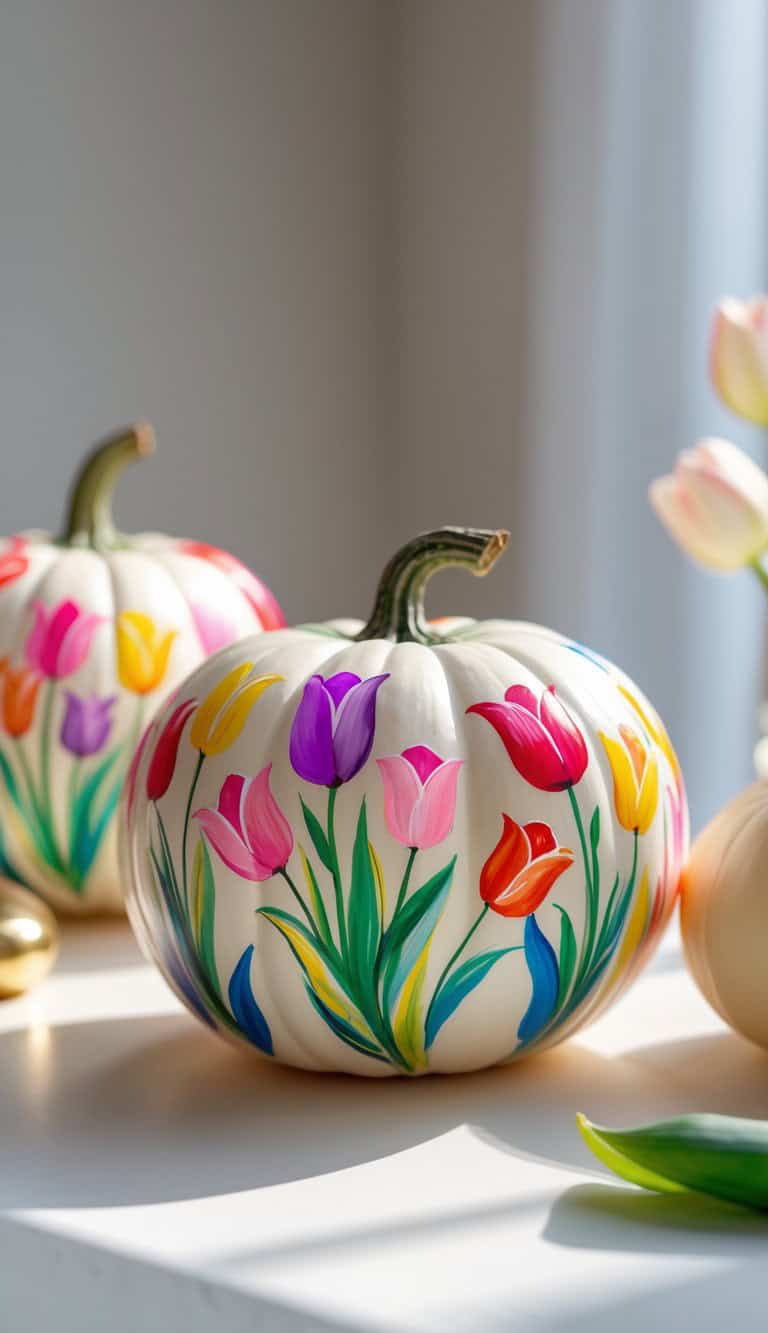 A white pumpkin is decorated with colorful, hand-painted tulips in shades of pink, purple, yellow, and red. Another similarly painted pumpkin and some tulips are visible in the softly lit background.