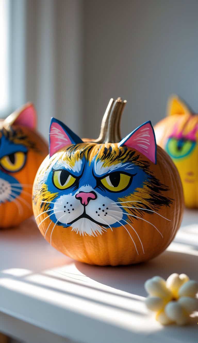 A pumpkin painted with a colorful, detailed cat face featuring blue fur, yellow eyes, and pink ears sits on a sunlit table, with other decorated pumpkins blurred in the background.