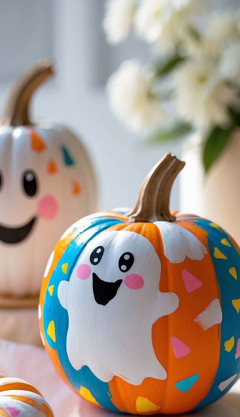 Two pumpkins are painted with colorful patterns and cheerful ghost faces. One pumpkin is orange with a white ghost and blue accents, while the other is mostly white with a smiling ghost. White flowers are blurred in the background.