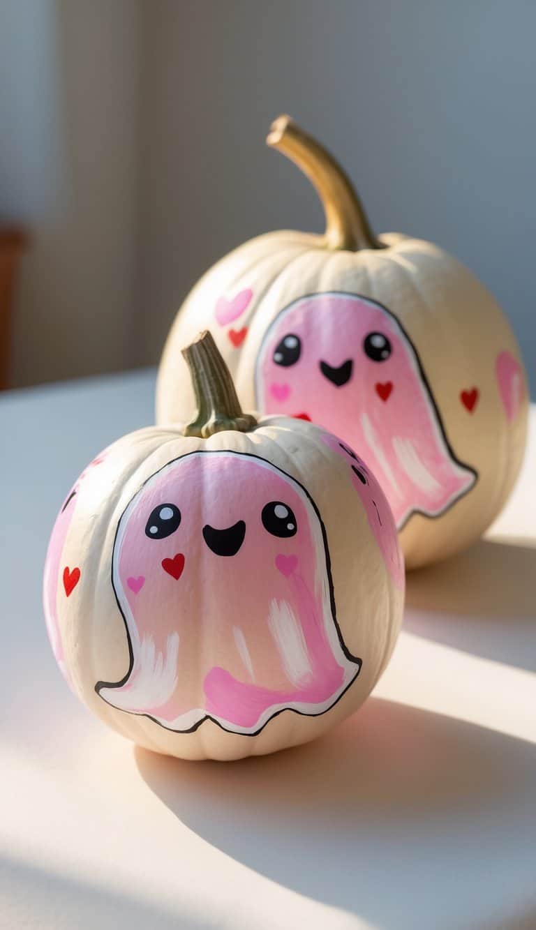 Two white pumpkins are painted with cute pink ghost faces, big smiling eyes, and rosy cheeks. Red and pink hearts decorate the pumpkins, and sunlight streams onto them from the side.
