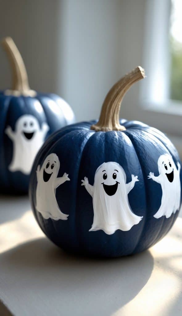 A blue pumpkin decorated with three smiling white cartoon ghosts, set on a light surface with another similarly painted pumpkin blurred in the background, near a sunlit window.