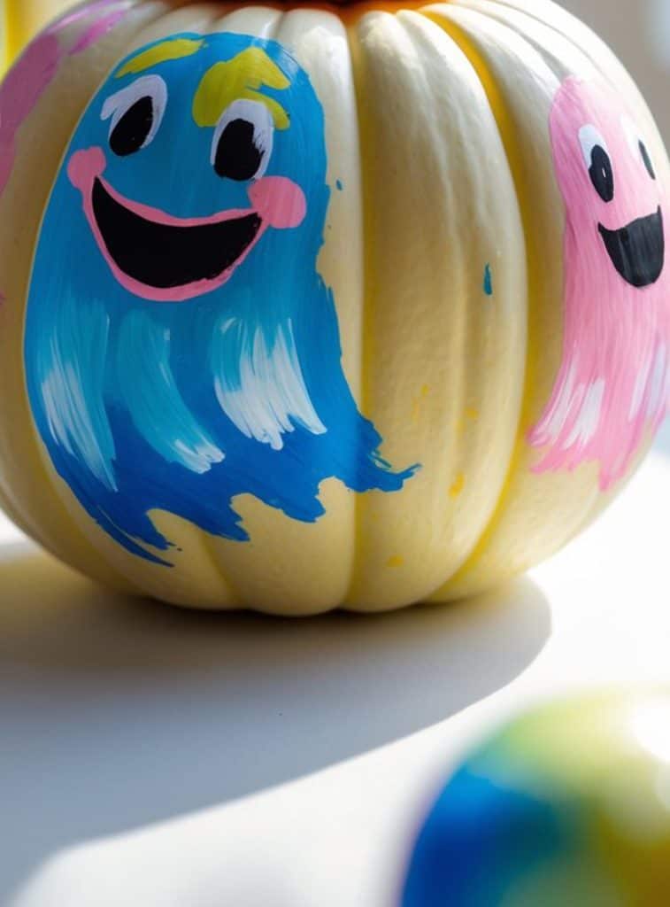 A white pumpkin is painted with colorful, smiling ghost faces in blue and pink, featuring large black eyes and wide, cheerful mouths. Bright sunlight highlights the playful artwork.
