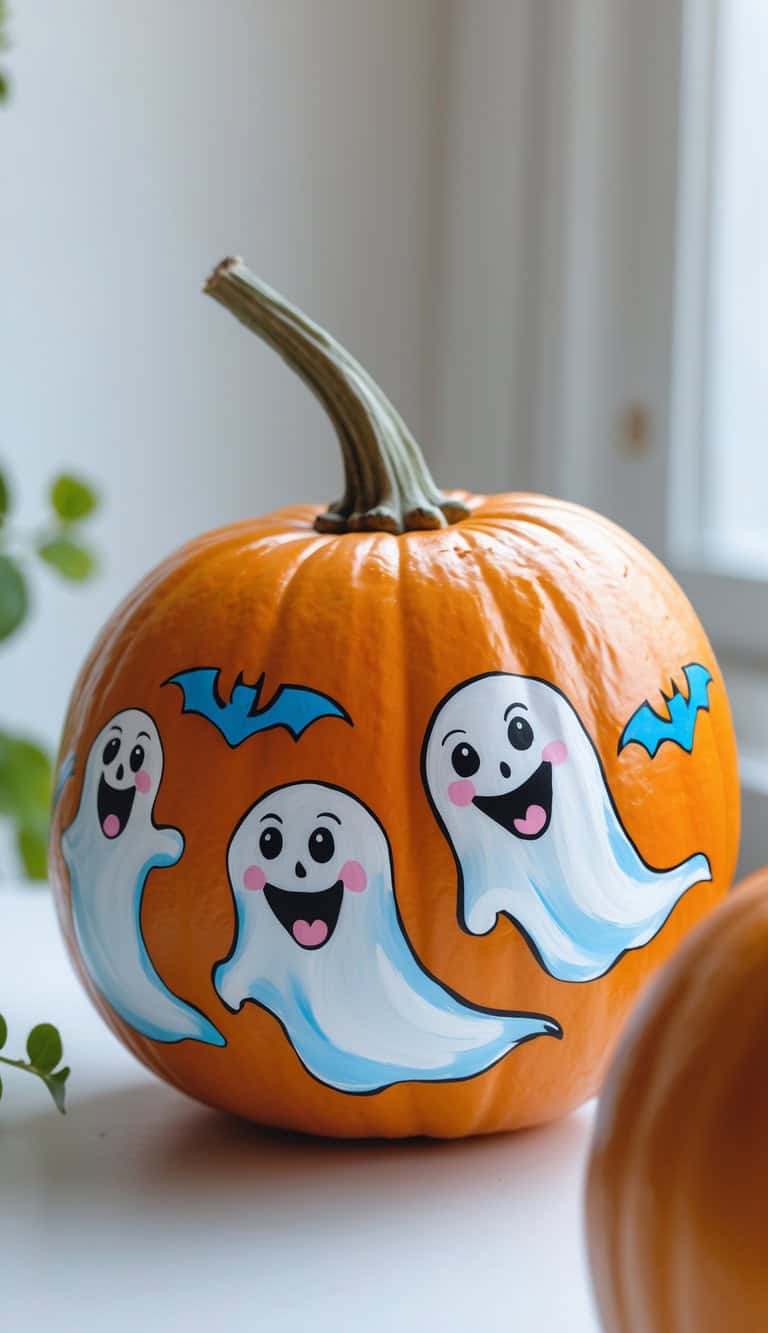 A pumpkin decorated with three smiling cartoon ghosts and two blue bats painted on its surface, sitting on a white table near a window.