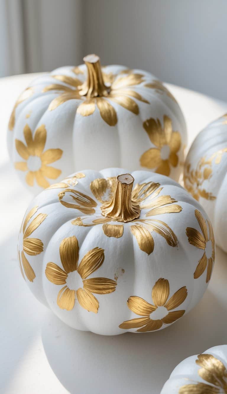 White pumpkins decorated with hand-painted gold flowers are arranged together on a light surface, bathed in natural sunlight.
