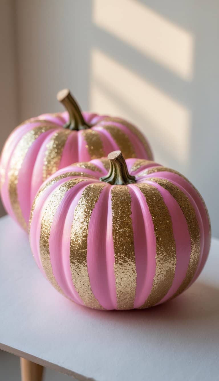 Two pumpkins painted with alternating pink and gold glittery stripes rest on a white surface, with soft light and shadows in the background.